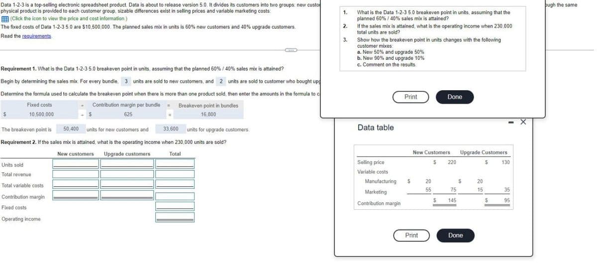 Data 1-2-3 is a top-selling electronic spreadsheet product. Data is about to release version 5.0. It divides its customers into two groups: new custo
physical product is provided to each customer group, sizable differences exist in selling prices and variable marketing costs:
(Click the icon to view the price and cost information.)
The fixed costs of Data 1-2-3 5.0 are $10,500,000. The planned sales mix in units is 60% new customers and 40% upgrade customers.
Read the requirements
bugh the same
1.
What is the Data 1-2-3 5.0 breakeven point in units, assuming that the
planned 60% / 40% sales mix is attained?
2.
If the sales mix is attained, what is the operating income when 230.000
total units are sold?
3.
Show how the breakeven point in units changes with the following
customer mixes:
Requirement 1. What is the Data 1-2-3 5.0 breakeven point in units, assuming that the planned 60% / 40% sales mix is attained?
Begin by determining the sales mix. For every bundle. 3 units are sold to new customers, and 2 units are sold to customer who bought ups
Determine the formula used to calculate the breakeven point when there is more than one product sold, then enter the amounts in the formula to c
a. New 50% and upgrade 50%
b. New 90% and upgrade 10%
c. Comment on the results.
Fixed costs
10,500,000
Contribution margin per bundle =
625
Breakeven point in bundles
16,800
The breakeven point is
50,400 units for new customers and
33,600 units for upgrade customers.
Requirement 2. If the sales mix is attained, what is the operating income when 230,000 units are sold?
Units sold
Total revenue
Total variable costs
Contribution margin
Fixed costs
Operating income
New customers
Upgrade customers
Total
Data table
Print
Done
New Customers
Upgrade Customers
Selling price
Variable costs
$
220
$
130
Manufacturing S
20
S
20
Marketing
55
75
15
35
$
145
$
95
Contribution margin
Print
Done