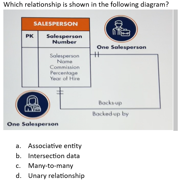 Which relationship is shown in the following diagram?
SALESPERSON
PK
a
Salesperson
Number
Salesperson
Name
Commission
Percentage
Year of Hire
One Salesperson
a. Associative entity
b. Intersection data
c. Many-to-many
d. Unary relationship
One Salesperson
HH
Backs-up
Backed up by