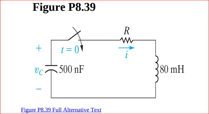 Figure P8.39
R
t = 0▼
VC
500 nF
80 mH
Figure P8.39 Full Alternative Text
