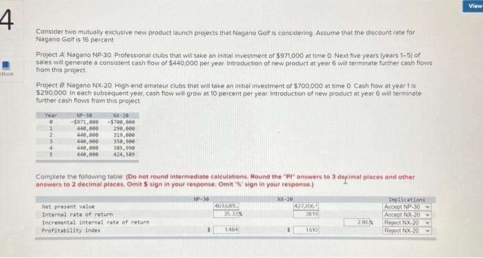 4
Book
Consider two mutually exclusive new product launch projects that Nagano Golf is considering. Assume that the discount rate for
Nagano Golf is 16 percent
Project A Nagano NP-30. Professional clubs that will take an initial investment of $971,000 at time 0. Next five years (years 1-5) of
sales will generate a consistent cash flow of $440,000 per year. Introduction of new product at year 6 will terminate further cash flows
from this project
Project B Nagano NX-20 High-end amateur clubs that will take an initial investment of $700,000 at time 0. Cash flow at year 1 is
$290,000. In each subsequent year, cash flow will grow at 10 percent per year. Introduction of new product at year 6 will terminate
further cash flows from this project.
Year
e
1
2
3
4
NP-30
-$971,000
440,000
440,000
440,000
440,000
440,000
NX-20
-$700,000
290,000
319,000
350,900
Net present value
Internal rate of return
385,990
424,589
Complete the following table: (Do not round intermediate calculations. Round the "P" answers to 3 decimal places and other
answers to 2 decimal places. Omit $ sign in your response. Omit % sign in your response.)
NP-30
Incremental internal rate of return
Profitability index
469.689
35.33%
1484
NX-20
4272069
3819
1610
2.86%
Implications
Accept NP-30
Accept NX-20
Reject NX-20
Reject NX-20
View