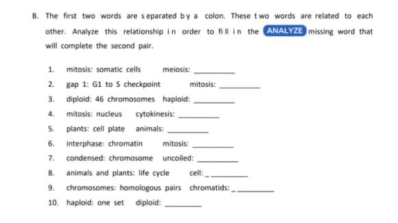 B. The first two words are s eparated by a colon. These two words are related to each
other. Analyze this relationship in order to fill in the ANALYZE missing word that
will complete the second pair.
1. mitosis: somatic cells
meiosis:
2. gap 1: G1 to S checkpoint
mitosis:
3. diploid: 46 chromosomes haploid:
mitosis: nucleus cytokinesis:
5. plants: cell plate animals:
6. interphase: chromatin
7. condensed: chromosome uncoiled:
4.
mitosis:
8.
animals and plants: life cycle
cell:
9. chromosomes: homologous pairs chromatids:
10. haploid: one set
diploid:

