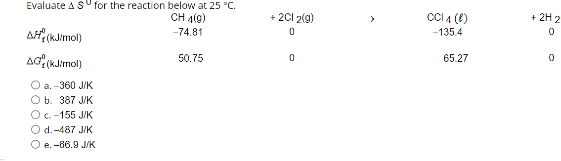 Evaluate A S U for the reaction below at 25 °C.
CH 4(g)
+ 2CI 2(g)
CCI 4 (E)
+ 2H 2
-135.4
-74.81
AH, (KJ/mol)
-65.27
-50.75
AG: (KJ/mol)
О а.-360 JK
O b.-387 J/K
O c. -155 J/K
O d. -487 J/K
Ое. -66.9 JК
