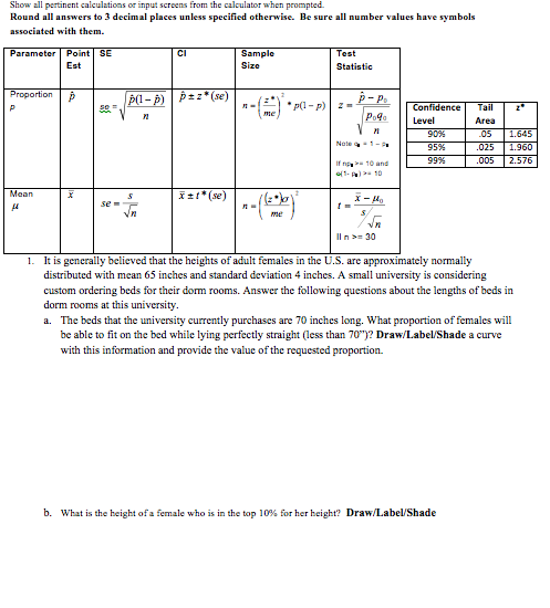 Show all pertinent calculations or input screens from the calculator when prompted.
Round all answers to 3 decimal places unless specified otherwise. Be sure all number values have symbols
associated with them.
Parameter Point SE
Ci
Sample
Test
Est
Size
Statistic
Proportion
P(1- p)
se=
pzz* (se)
P
* p(1- p) z=
Confidence
Tail
me
Level
Area
90%
05
1.645
Nete 1 -
95%
.025
1.960
99%
.005
2.576
If n 10 and
of1- 10
Mean
It1* (se)
se-
Iln >= 30
1. It is generally believed that the heights of adult females in the U.S. are approximately normally
distrībuted with mean 65 inches and standard deviation 4 inches. A small university is considering
custom ordering beds for their dorm rooms. Answer the following questions about the lengths of beds in
dorm rooms at this university.
a. The beds that the university currently purchases are 70 inches long. What proportion of females will
be able to fit on the bed while lying perfectly straight (less than 70")? Draw/Label/Shade a curve
with this information and provide the value of the requested proportion.
b. What is the beight of a female who is in the top 10% for her height? Draw/Label/Shade
