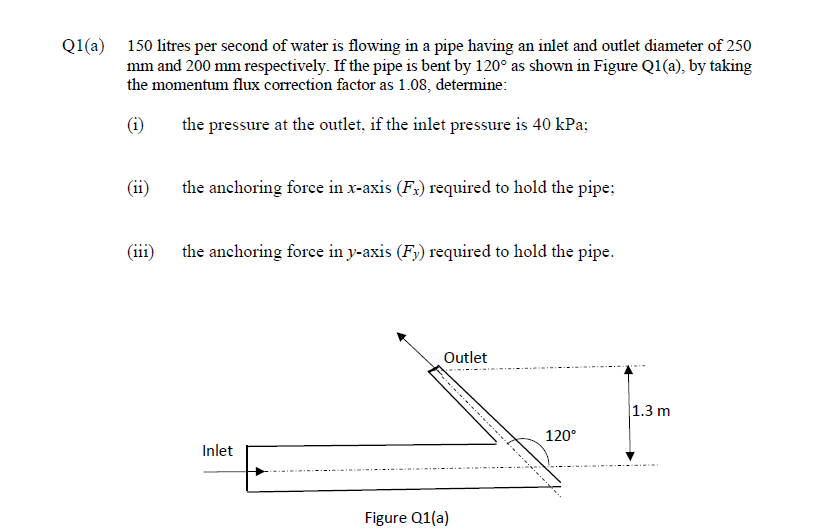 Q1(a) 150 litres per second of water is flowing in a pipe having an inlet and outlet diameter of 250
mm and 200 mm respectively. If the pipe is bent by 120° as shown in Figure Q1(a), by taking
the momentum flux correction factor as 1.08, determine:
(i)
the pressure at the outlet, if the inlet pressure is 40 kPa;
(ii)
the anchoring force in x-axis (F;) required to hold the pipe;
(iii)
the anchoring force in y-axis (F) required to hold the pipe.
Outlet
1.3 m
120°
Inlet
Figure Q1(a)
