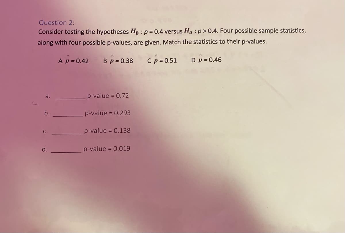 Question 2:
Consider testing the hypotheses Ho :p = 0.4 versus Ha : p> 0.4. Four possible sample statistics,
along with four possible p-values, are given. Match the statistics to their p-values.
Ap = 0.42
В р%30.38
C p = 0.51
D p = 0.46
a.
p-value = 0.72
b.
p-value = 0.293
p-value = 0.138
d.
p-value = 0.019
%3D
C.
