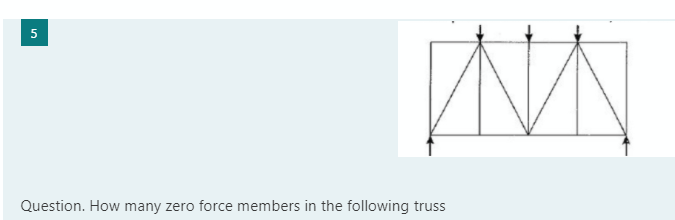 5
Question. How many zero force members in the following truss
