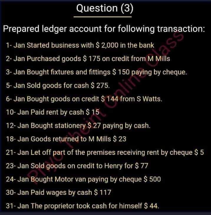 Question (3)
Prepared ledger account for following transaction:
1- Jan Started business with $ 2,000 in the bank
2- Jan Purchased goods $ 175 on credit from M Mills
3- Jan Bought fixtures and fittings $ 150 paying by cheque.
5- Jan Sold goods for cash $ 275.
6- Jan Bought goods on credit $ 144 from S Watts.
alimass
10- Jan Paid rent by cash $ 15
12- Jan Bought stationery $ 27 paying by cash.
18- Jan Goods returned to M Mills $ 23
21- Jan Let off part of the premises receiving rent by cheque $ 5
23- Jan Sold goods on credit to Henry for $ 77
24- Jan Bought Motor van paying by cheque $ 500
30- Jan Paid wages by cash $ 117
31- Jan The proprietor took cash for himself $ 44.
