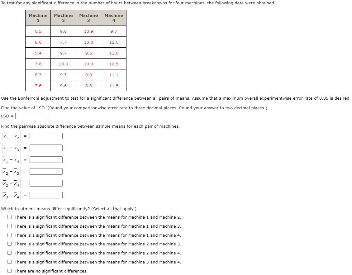 To test for any significant difference in the number of hours between breakdowns for four machines, the following data were obtained.
Machine
Machine
Machine
Machine
2
3
4
6.5
9.0
10.9
9.7
8.0
7.7
10.0
12.6
5.4
9.7
9.5
11.8
7.6
10.3
10.0
10.5
8.7
9.5
9.0
11.1
7.6
9.6
8.8
11.5
Use the Bonferroni adjustment to test for a significant difference between all pairs of means. Assume that a maximum overall experimentwise error rate of 0.05 is desired.
Find the value of LSD. (Round your comparisonwise error rate to three decimal places. Round your answer to two decimal places.)
LSD =
Find the pairwise absolute difference between sample means for each pair of machines.
2-| =
=
Which treatment means differ significantly? (Select all that apply.)
O There is a significant difference between the means for Machine 1 and Machine 2.
O There is a significant difference between the means for Machine 1 and Machine 3.
O There is a significant difference between the means for Machine 1 and Machine 4.
O There is a significant difference between the means for Machine 2 and Machine 3.
O There is a significant difference between the means for Machine 2 and Machine 4.
O There is a significant difference between the means for Machine 3 and Machine 4.
O There are no significant differences.
