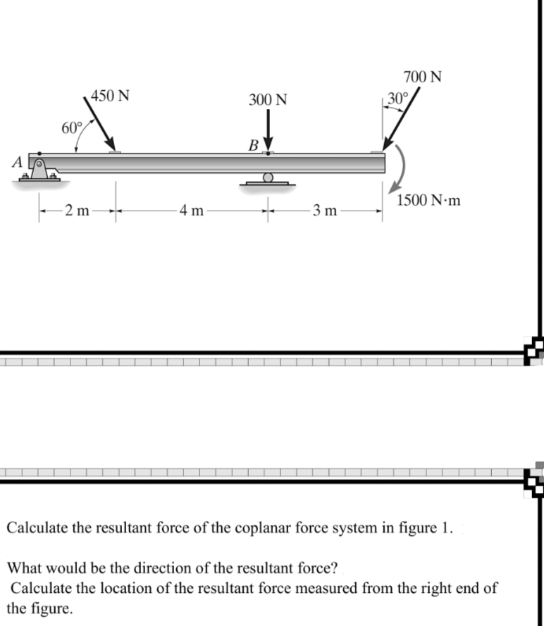 A
60°
450 N
-2m-
4 m
300 N
B
3 m
700 N
30°
1500 N·m
Calculate the resultant force of the coplanar force system in figure 1.
What would be the direction of the resultant force?
Calculate the location of the resultant force measured from the right end of
the figure.