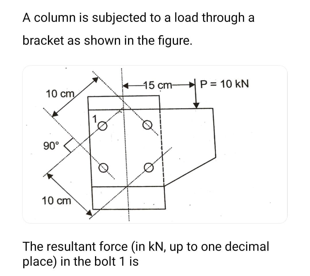 A column is subjected to a load through a
bracket as shown in the figure.
15 cm-
P= 10 kN
%3D
10 cm
90°
10 cm
The resultant force (in kN, up to one decimal
place) in the bolt 1 is
