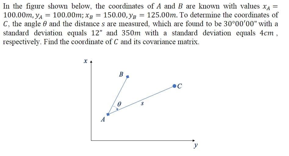 =
In the figure shown below, the coordinates of A and B are known with values xA =
100.00m, YA = 100.00m; XB 150.00, YB = 125.00m. To determine the coordinates of
C, the angle and the distances are measured, which are found to be 30°00'00" with a
standard deviation equals 12" and 350m with a standard deviation equals 4cm,
respectively. Find the coordinate of C and its covariance matrix.
x A
A
B
0
S
C
y