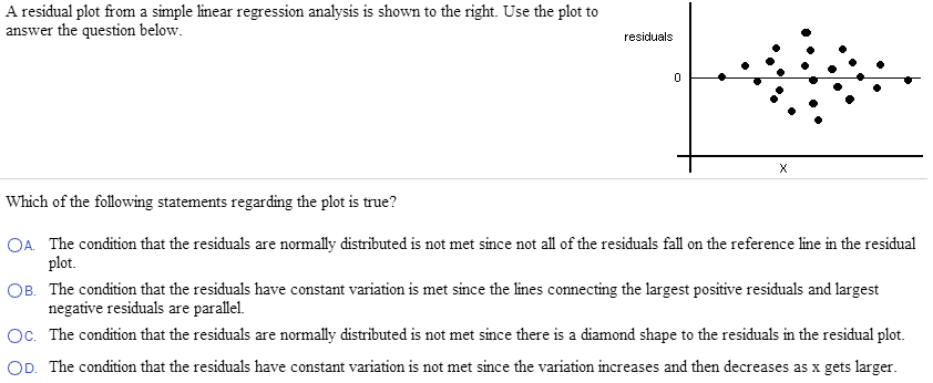 A residual plot from a simple linear regression analysis is shown to the right. Use the plot to
answer the question below.
residuals
0
X
Which of the following statements regarding the plot is true?
OA. The condition that the residuals are normally distributed is not met since not all of the residuals fall on the reference line in the residual
plot.
OB. The condition that the residuals have constant variation is met since the lines connecting the largest positive residuals and largest
negative residuals are parallel.
Oc. The condition that the residuals are normally distributed is not met since there is a diamond shape to the residuals in the residual plot.
OD. The condition that the residuals have constant variation is not met since the variation increases and then decreases as x gets larger.