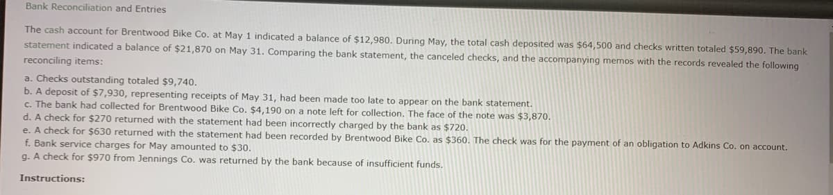 Bank Reconciliation and Entries
The cash account for Brentwood Bike Co. at May 1 indicated a balance of $12,980. During May, the total cash deposited was $64,500 and checks written totaled $59,890. The bank
statement indicated a balance of $21,870 on May 31. Comparing the bank statement, the canceled checks, and the accompanying memos with the records revealed the following
reconciling items:
a. Checks outstanding totaled $9,740.
b. A deposit of $7,930, representing receipts of May 31, had been made too late to appear on the bank statement.
c. The bank had collected for Brentwood Bike Co. $4,190 on a note left for collection. The face of the note was $3,870.
d. A check for $270 returned with the statement had been incorrectly charged by the bank as $720.
e. A check for $630 returned with the statement had been recorded by Brentwood Bike Co. as $360. The check was for the payment of an obligation to Adkins Co. on account.
f. Bank service charges for May amounted to $30.
g. A check for $970 from Jennings Co. was returned by the bank because of insufficient funds.
Instructions:
