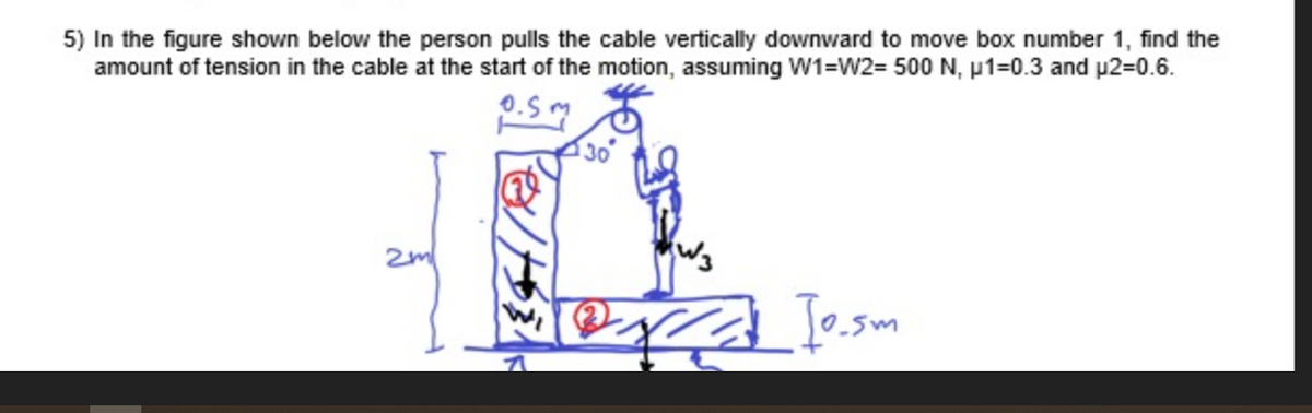 5) In the figure shown below the person pulls the cable vertically downward to move box number 1, find the
amount of tension in the cable at the start of the motion, assuming W1=W2= 500 N, µ1=0.3 and p2=0.6.
2m
