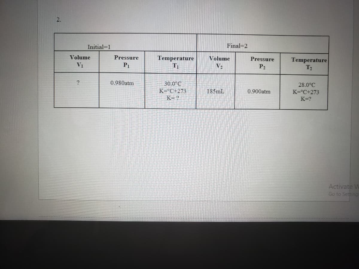 2.
Initial=1
Final=2
Volume
Pressure
Temperature
Volume
Pressure
Temperature
T2
VI
P1
V2
P2
0.980atm
30.0°C
28.0°C
K=°C+273
185mL
0.900atm
K=°C+273
K= ?
K=?
Activate W
Go to Settings
