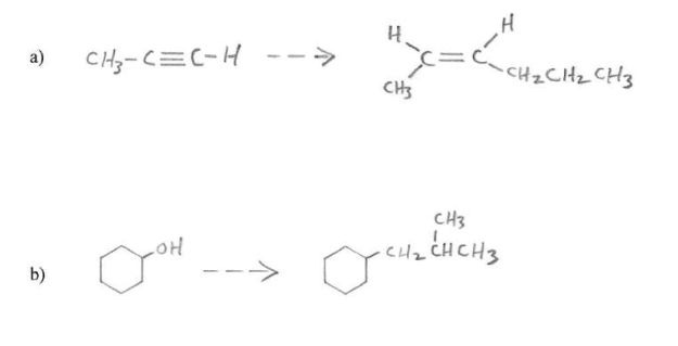 "x=<
a)
CHy-C=C-H
CHs
EHっ7HつてH
CH3
HO
--->
cH2 CHCH3
b)
