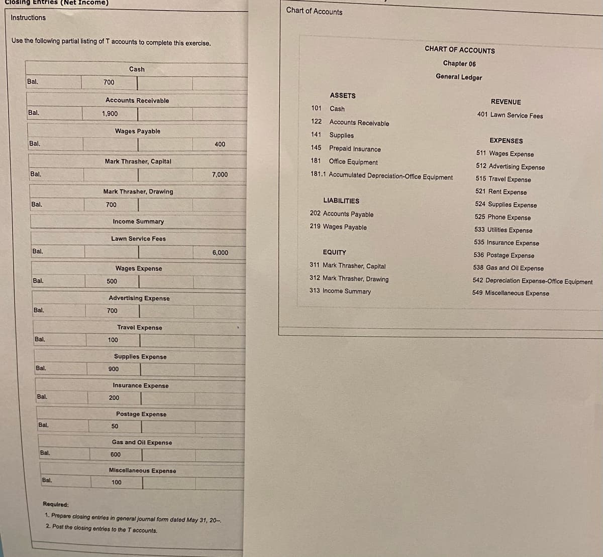 losing Entries (Net Income)
Chart of Accounts
Instructions
Use the following partial listing of T accounts to complete this exercise.
CHART OF ACCOUNTS
Chapter 06
Cash
General Ledger
Bal.
700
ASSETS
REVENUE
Accounts Receivable
101
Cash
401 Lawn Service Fees
Bal.
1,900
122
Accounts Receivable
Wages Payable
141 Supplies
EXPENSES
400
145 Prepaid Insurance
Bal.
511 Wages Expense
Mark Thrasher, Capital
181 Office Equipment
512 Advertising Expense
7,000
181.1 Accumulated Depreciation-Office Equipment
515 Travel Expense
Bal,
521 Rent Expense
Mark Thrasher, Drawing
LIABILITIES
524 Supplies Expense
Bal.
700
202 Accounts Payable
525 Phone Expense
Income Summary
219 Wages Payable
533 Utilities Expense
535 Insurance Expense
Lawn Service Fees
6,000
EQUITY
536 Postage Expense
Bal,
311 Mark Thrasher, Capital
538 Gas and Oil Expense
Wages Expense
312 Mark Thrasher, Drawing
542 Depreciation Expense-Office Equipment
Bal.
500
313 Income Summary
549 Miscellaneous Expense
Advertising Expense
Bal.
700
Travel Expense
Bal.
100
Supplies Expense
Bal.
900
Insurance Expense
Bal.
200
Postage Expense
Bal.
50
Gas and Oil Expense
Bal,
600
Miscellaneous Expense
Bal.
100
Required:
1. Prepare closing entries in general journal form dated May 31, 20-.
2. Post the closing entries to the T accounts.
