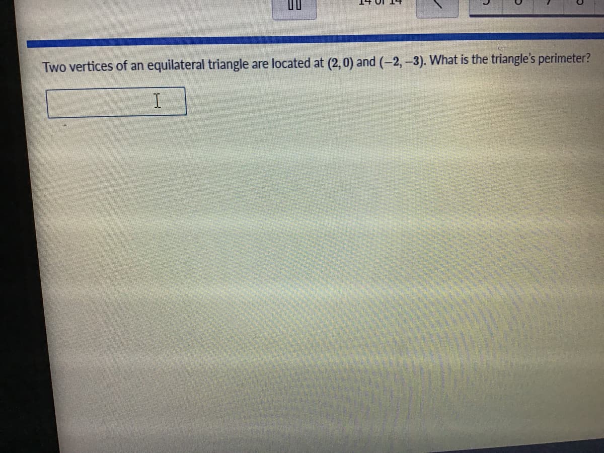 Two vertices of an equilateral triangle are located at (2,0) and (-2, -3). What is the triangle's perimeter?
