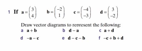 3
1 If a =
3
d =
b
c =
-3
Draw vector diagrams to represent the following:
c a+d
f -c+b+d
a a+b
b d-a
d -a - с
e d-c-b
