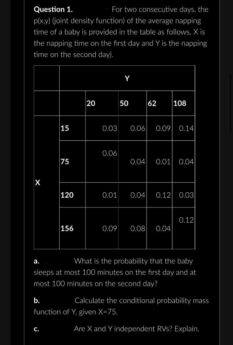 Question 1.
For two consecutive days, the
p(x,y) (joint density function) of the average napping
time of a baby is provided in the table as follows. X is
the napping time on the first day and Y is the napping
time on the second day).
X
a.
15
75
C.
120
156
20
0.06
Y
0.03 0.06
50
62 108
b.
function of Y, given X=75.
0.09 0.14
0.04 0.01 0.04
0.01 0.04 0.12 0.03
0.09 0.08 0.04
What is the probability that the baby
sleeps at most 100 minutes on the first day and at
most 100 minutes on the second day?
0.12
Calculate the conditional probability mass
Are X and Y independent RVs? Explain.