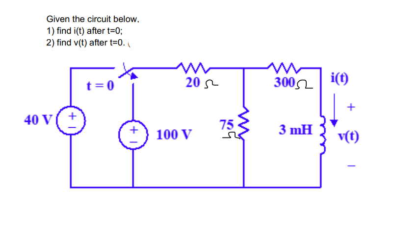 Given the circuit below.
1) find i(t) after t=0;
2) find v(t) after t=0.
40 VI
+1
t=0
+
20
100 V
75
300 i(t)
3 mH
+
v(t)