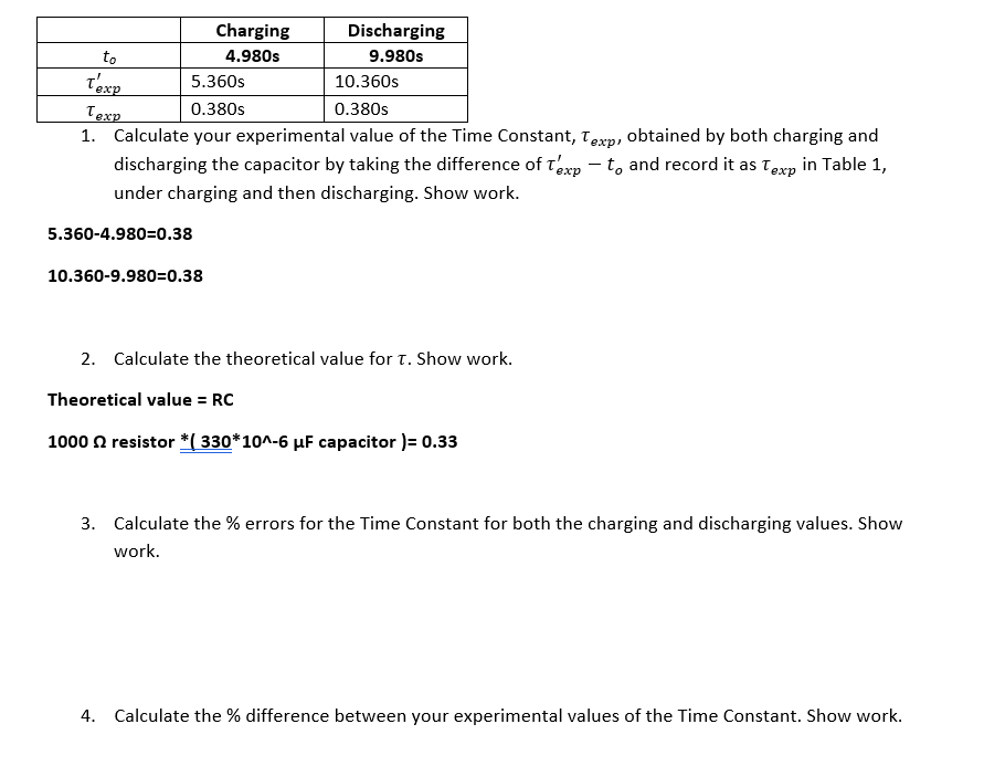 Charging
4.980s
Discharging
9.980s
to
T'exp
5.360s
10.360s
Texp
0.380s
0.380s
1. Calculate your experimental value of the Time Constant, Texp, obtained by both charging and
discharging the capacitor by taking the difference of T'exp - to and record it as Texp in Table 1,
under charging and then discharging. Show work.
5.360-4.980=0.38
10.360-9.980=0.38
2. Calculate the theoretical value for T. Show work.
Theoretical value = RC
1000 resistor *( 330*10^-6 µF capacitor )= 0.33
3. Calculate the % errors for the Time Constant for both the charging and discharging values. Show
work.
4. Calculate the % difference between your experimental values of the Time Constant. Show work.