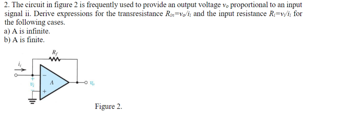 2. The circuit in figure 2 is frequently used to provide an output voltage vo proportional to an input
signal ii. Derive expressions for the transresistance Rin=vo/ii and the input resistance Ri=vi/ii for
the following cases.
a) A is infinite.
b) A is finite.
R₂
www
Vi
A
-OV
Figure 2.