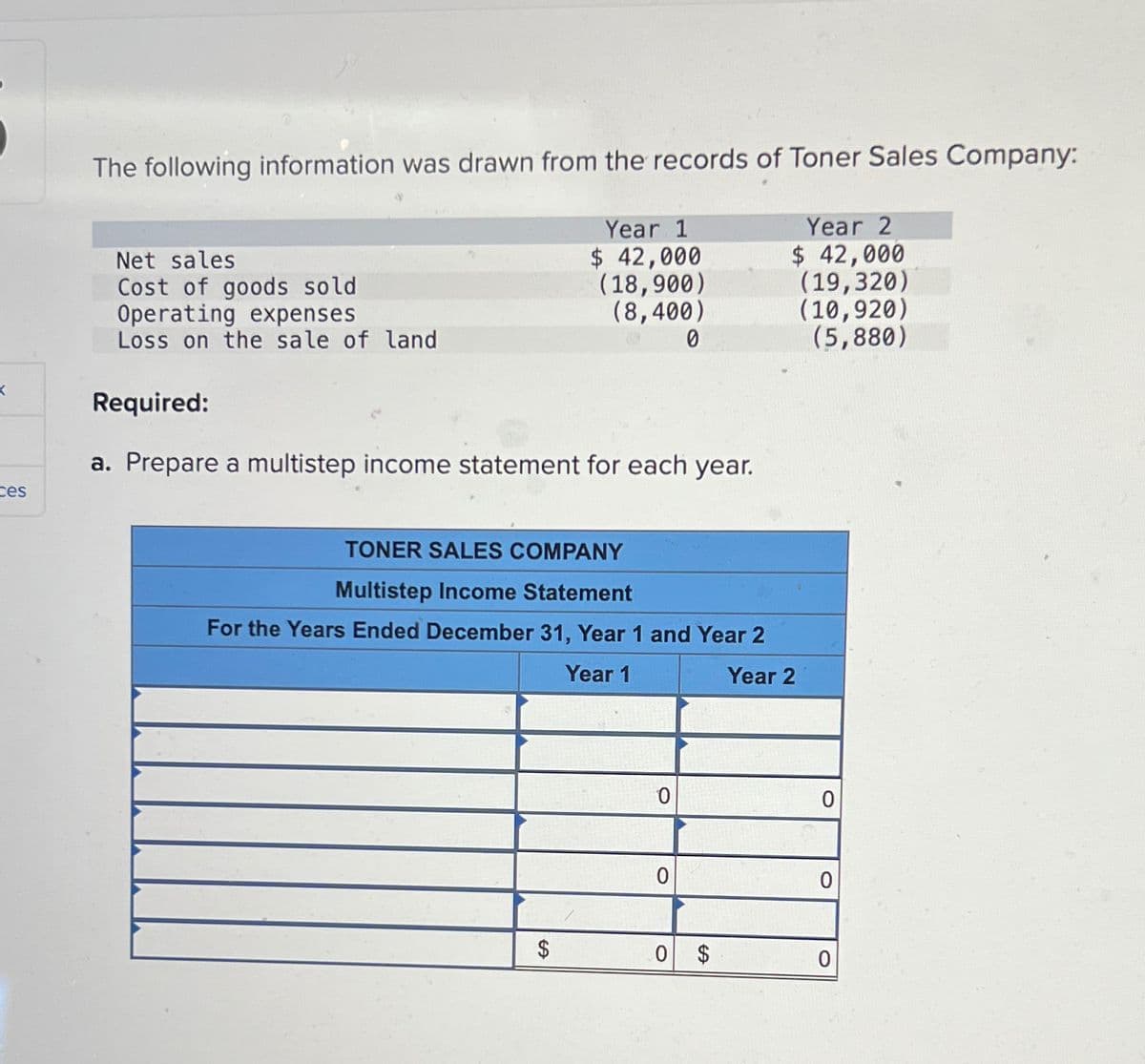 <
ces
The following information was drawn from the records of Toner Sales Company:
Net sales
Cost of goods sold
Operating expenses
Loss on the sale of land
Year 1
$ 42,000
(18,900)
(8,400)
0
Required:
a. Prepare a multistep income statement for each year.
$
TONER SALES COMPANY
Multistep Income Statement
For the Years Ended December 31, Year 1 and Year 2
Year 1
Year 2
0
0
Year 2
$ 42,000
(19,320)
0 $
(10,920)
(5,880)
0
0
0