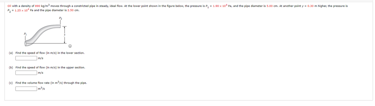 Oil with a density of 890 kg/m3 moves through a constricted pipe in steady, ideal flow. At the lower point shown in the figure below, the pressure is P, = 1.90 x 104 Pa, and the pipe diameter is 5.00 cm. At another point y = 0.30 m higher, the pressure is
P, = 1.25 x 10" Pa and the pipe diameter is 2.50 cm.
(a) Find the speed of flow (in m/s) in the lower section.
m/s
(b) Find the speed of flow (in m/s) in the upper section.
m/s
(c) Find the volume flow rate (in m/s) through the pipe.
]m³/s
