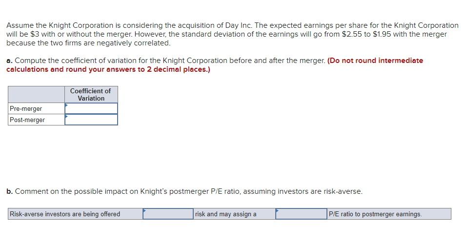 Assume the Knight Corporation is considering the acquisition of Day Inc. The expected earnings per share for the Knight Corporation
will be $3 with or without the merger. However, the standard deviation of the earnings will go from $2.55 to $1.95 with the merger
because the two firms are negatively correlated.
a. Compute the coefficient of variation for the Knight Corporation before and after the merger. (Do not round intermediate
calculations and round your answers to 2 decimal places.)
Pre-merger
Post-merger
Coefficient of
Variation
b. Comment on the possible impact on Knight's postmerger P/E ratio, assuming investors are risk-averse.
Risk-averse investors are being offered
risk and may assign a
P/E ratio to postmerger earnings.