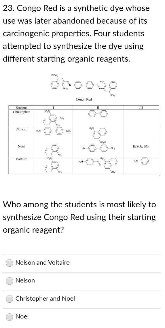 23. Congo Red is a synthetic dye whose
use was later abandoned because of its
carcinogenic properties. Four students
attempted to synthesize the dye using
different starting organic reagents.
HO,S
sO-H
Congo Red
Student
II
II
Christopher
HO,S
NH3
NH,
Nelson
NH
SO,H
Noel
H.SO, SO.
HN
NH:
NH
Voltaire
HO్కక్ష
H.N
HN
HN
so,H
Who among the students is most likely to
synthesize Congo Red using their starting
organic reagent?
Nelson and Voltaire
Nelson
Christopher and Noel
Noel
