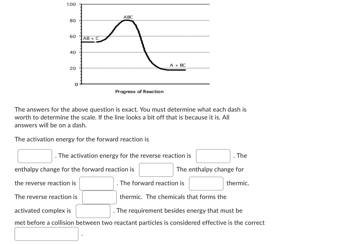 100
80
60
40
20
AB+ C
ABC
Progress of Reaction
A + BC
The answers for the above question is exact. You must determine what each dash is
worth to determine the scale. If the line looks a bit off that is because it is. All
answers will be on a dash.
The activation energy for the forward reaction is
enthalpy change for the forward reaction is
the reverse reaction is
The reverse reaction is
The activation energy for the reverse reaction is
The
The enthalpy change for
thermic.
. The forward reaction is
thermic. The chemicals that forms the
activated complex is
. The requirement besides energy that must be
met before a collision between two reactant particles is considered effective is the correct