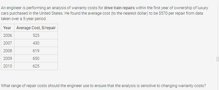 An engineer is performing an analysis of warranty costs for drive train repairs within the first year of ownership of luxury
cars purchased in the United States. He found the average cost (to the nearest dollar) to be $570 per repair from data
taken over a 5-year period.
Year Average Cost, $/repair
2006
525
2007
430
2008
619
2009
650
2010
625
What range of repair costs should the engineer use to ensure that the analysis is sensitive to changing warranty costs?