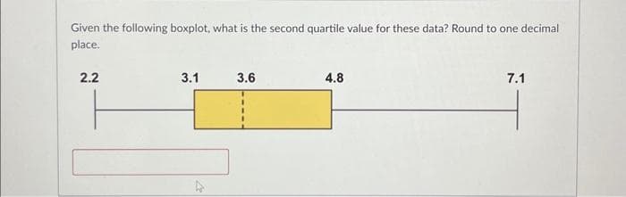 Given the following boxplot, what is the second quartile value for these data? Round to one decimal
place.
2.2
3.1
V
3.6
4.8
7.1