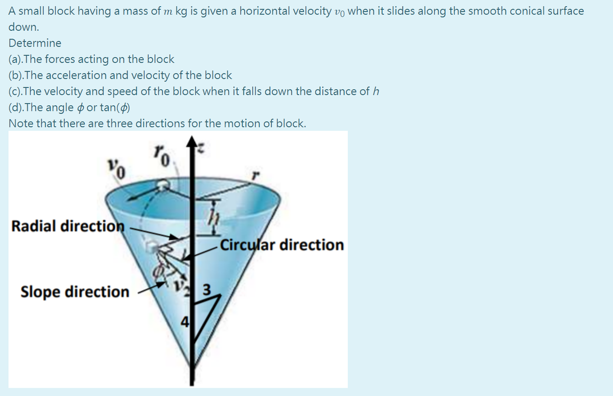 A small block having a mass of m kg is given a horizontal velocity vo when it slides along the smooth conical surface
down.
Determine
(a).The forces acting on the block
(b).The acceleration and velocity of the block
(c).The velocity and speed of the block when it falls down the distance of h
(d).The angle o or tan(4)
Note that there are three directions for the motion of block.
Radial direction
Circylar direction
Slope direction
3
4
