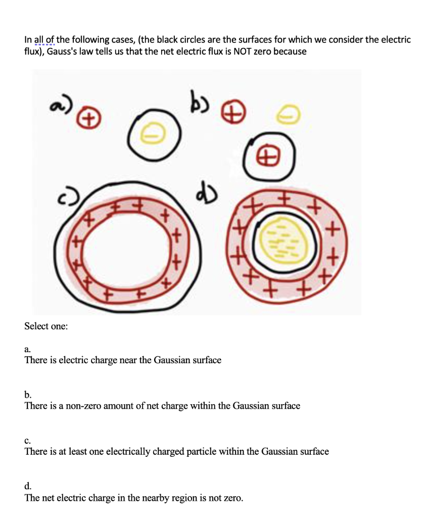 In all of the following cases, (the black circles are the surfaces for which we consider the electric
flux), Gauss's law tells us that the net electric flux is NOT zero because
4,
メメ
Select one:
а.
There is electric charge near the Gaussian surface
b.
There is a non-zero amount of net charge within the Gaussian surface
с.
There is at least one electrically charged particle within the Gaussian surface
d.
The net electric charge in the nearby region is not zero.
