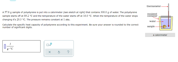 A 57.8 g sample of polystyrene is put into a calorimeter (see sketch at right) that contains 300.0 g of water. The polystyrene
sample starts off at 89.2 °C and the temperature of the water starts off at 16.0 °C. When the temperature of the water stops
changing it's 20.3 °C. The pressure remains constant at 1 atm.
Calculate the specific heat capacity of polystyrene according to this experiment. Be sure your answer is rounded to the correct
number of significant digits.
D
?
e
10
X
G
thermometer-
insulated
container
water
sample
a calorimeter