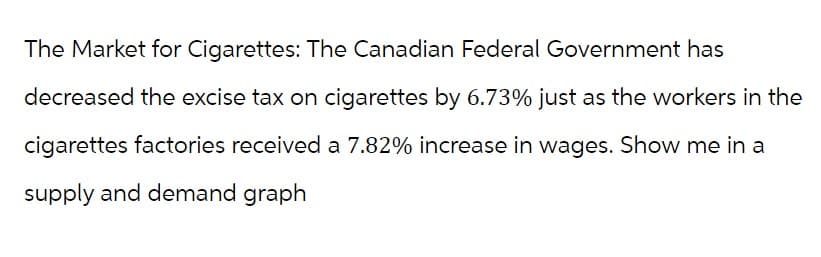 The Market for Cigarettes: The Canadian Federal Government has
decreased the excise tax on cigarettes by 6.73% just as the workers in the
cigarettes factories received a 7.82% increase in wages. Show me in a
supply and demand graph