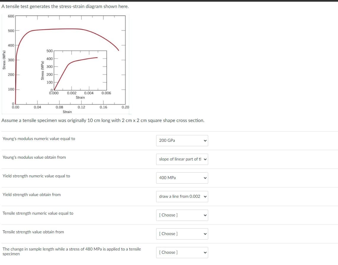 A tensile test generates the stress-strain diagram shown here.
Stress (MPa)
600
500
400
300
200
100
O
0.00
Stress (MPa)
0.04
500
400
300
200
100
0
0.000
0.08
Strain
0.002 0.004
Young's modulus numeric value equal to
Young's modulus value obtain from
Yield strength value obtain from
Yield strength numeric value equal to
Assume a tensile specimen was originally 10cm long with 2 cm x 2 cm square shape cross section.
Tensile strength numeric value equal to
Tensile strength value obtain from
Strain
0.12
0.006
1
0.16
0.20
The change in sample length while a stress of 480 MPa is applied to a tensile
specimen
200 GPa
slope of linear part of t
400MPa
draw a line from 0.002 v
[Choose ]
[ Choose ]
[Choose ]