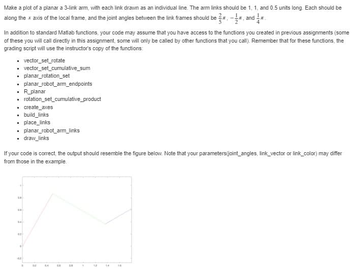 Make a plot of a planar a 3-link arm, with each link drawn as an individual line. The arm links should be 1, 1, and 0.5 units long. Each should be
along the x axis of the local frame, and the joint angles between the link frames should be, and
In addition to standard Matlab functions, your code may assume that you have access to the functions you created in previous assignments (some
of these you will call directly in this assignment, some will only be called by other functions that you call). Remember that for these functions, the
grading script will use the instructor's copy of the functions:
vector_set_rotate
▪ vector_set_cumulative_sum
planar_rotation_set
planar_robot_arm_endpoints
rotation_set_cumulative_product
I R_planar
.
.
.build_links
. place_links
.
. draw_links
44
If your code is correct, the output should resemble the figure below. Note that your parameters(joint_angles, link_vector or link_color) may differ
from those in the example.
44
create_axes
04
02
planar_robot_arm_links
.
02
04
06
44
12
14
16