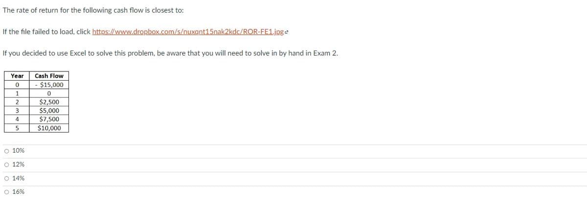 The rate of return for the following cash flow is closest to:
If the file failed to load, click https://www.dropbox.com/s/nuxqnt15nak2kdc/ROR-FE1.jpg
If you decided to use Excel to solve this problem, be aware that you will need to solve in by hand in Exam 2.
Year
0
1
2
3
4
5
O 10%
O 12%
O 14%
O 16%
Cash Flow
- $15,000
0
$2,500
$5,000
$7,500
$10,000