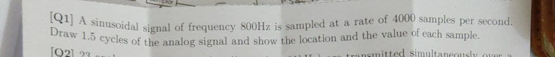 Draw 1.5 cycles of the analog signal and show the location and the value of each sample.
[Q1 A sinusoidal signal of frequency 800HZ is sampled at a rate of 4000 samples per second.
[Q2) 23
transmitted simultaneously.
