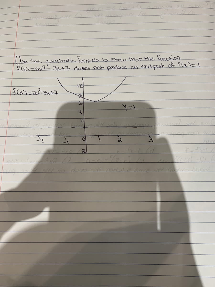 Use the quadratic furmula to show that the function
flx=ax2=3x+7 does not produce on cutput of fCx)=|
to
2.
