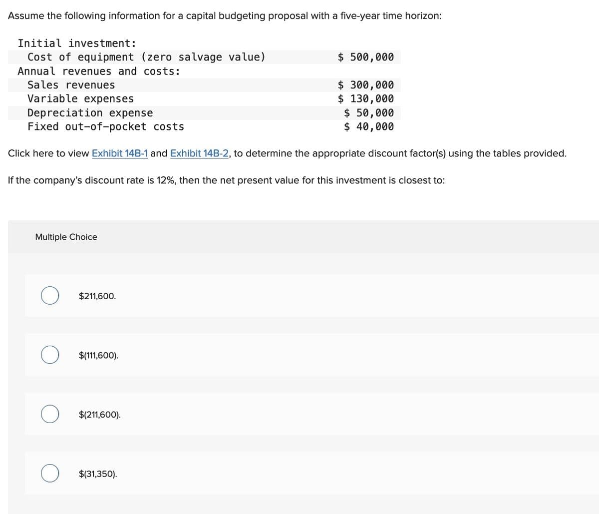 Assume the following information for a capital budgeting proposal with a five-year time horizon:
Initial investment:
Cost of equipment (zero salvage value)
Annual revenues and costs:
Sales revenues
Variable expenses
Depreciation expense
Fixed out-of-pocket costs
Click here to view Exhibit 14B-1 and Exhibit 14B-2, to determine the appropriate discount factor(s) using the tables provided.
If the company's discount rate is 12%, then the net present value for this investment is closest to:
Multiple Choice
$211,600.
$(111,600).
$(211,600).
$(31,350).
$ 500,000
$ 300,000
$ 130,000
$ 50,000
$ 40,000