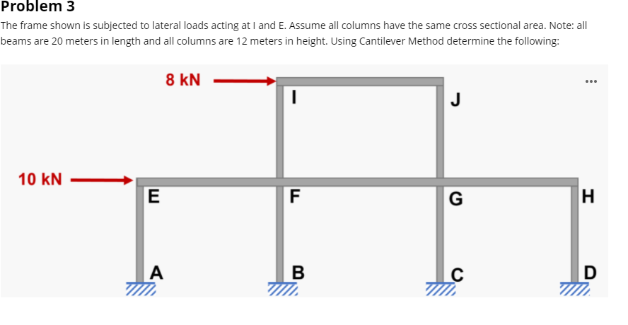 Problem 3
The frame shown is subjected to lateral loads acting at I and E. Assume all columns have the same cross sectional area. Note: all
beams are 20 meters in length and all columns are 12 meters in height. Using Cantilever Method determine the following:
8 kN
...
10 kN
F
G
H
A
В
D
