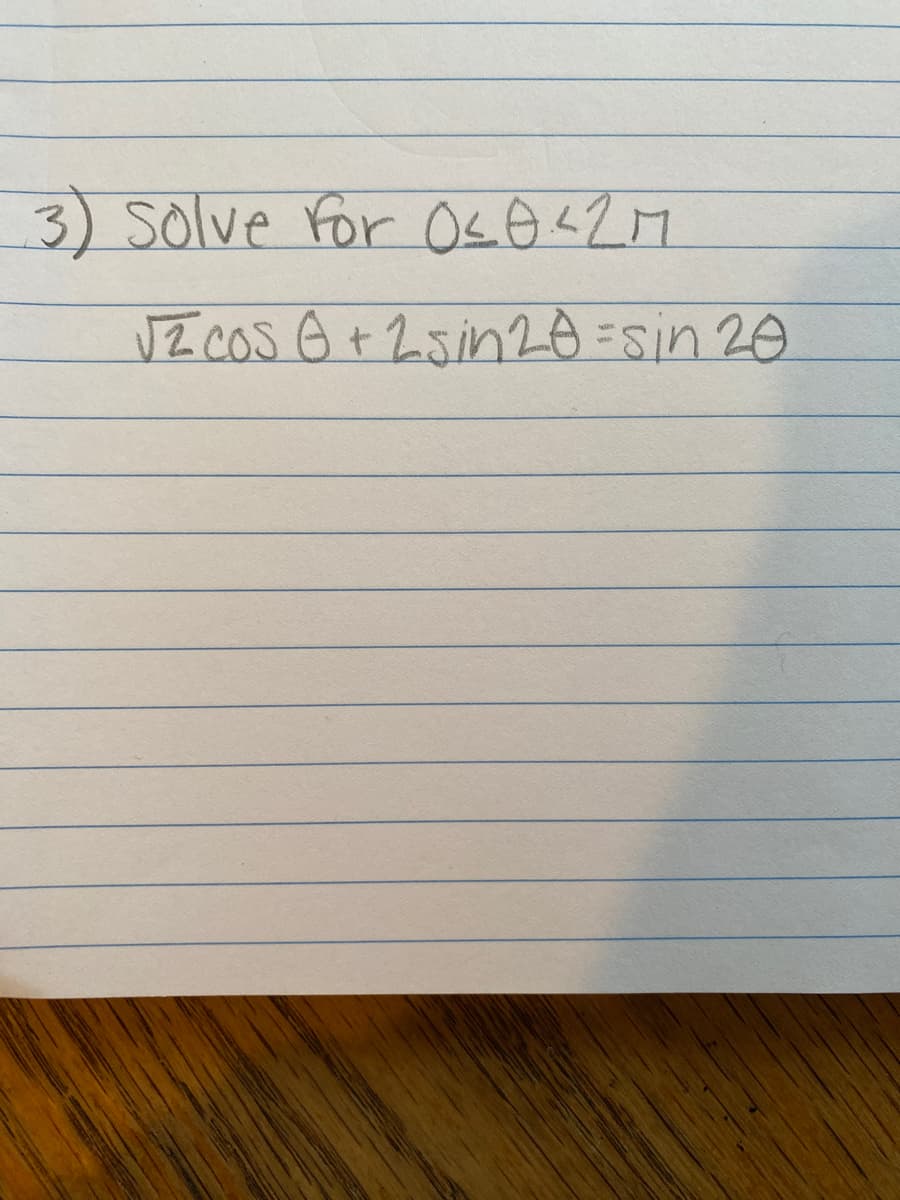 3) Solve For Oso<2M
VZ COS O+2Jin2Đ =Sin 20
