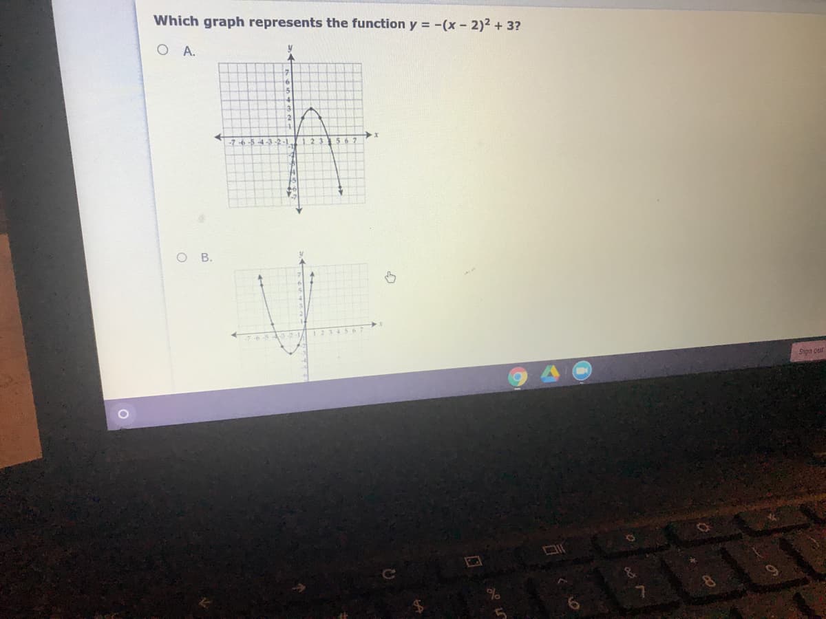 Which graph represents the function y = -(x- 2)2 + 3?
O A.
-7 -6 -5 4-3-2-1.
5.67
B.
Sign our
