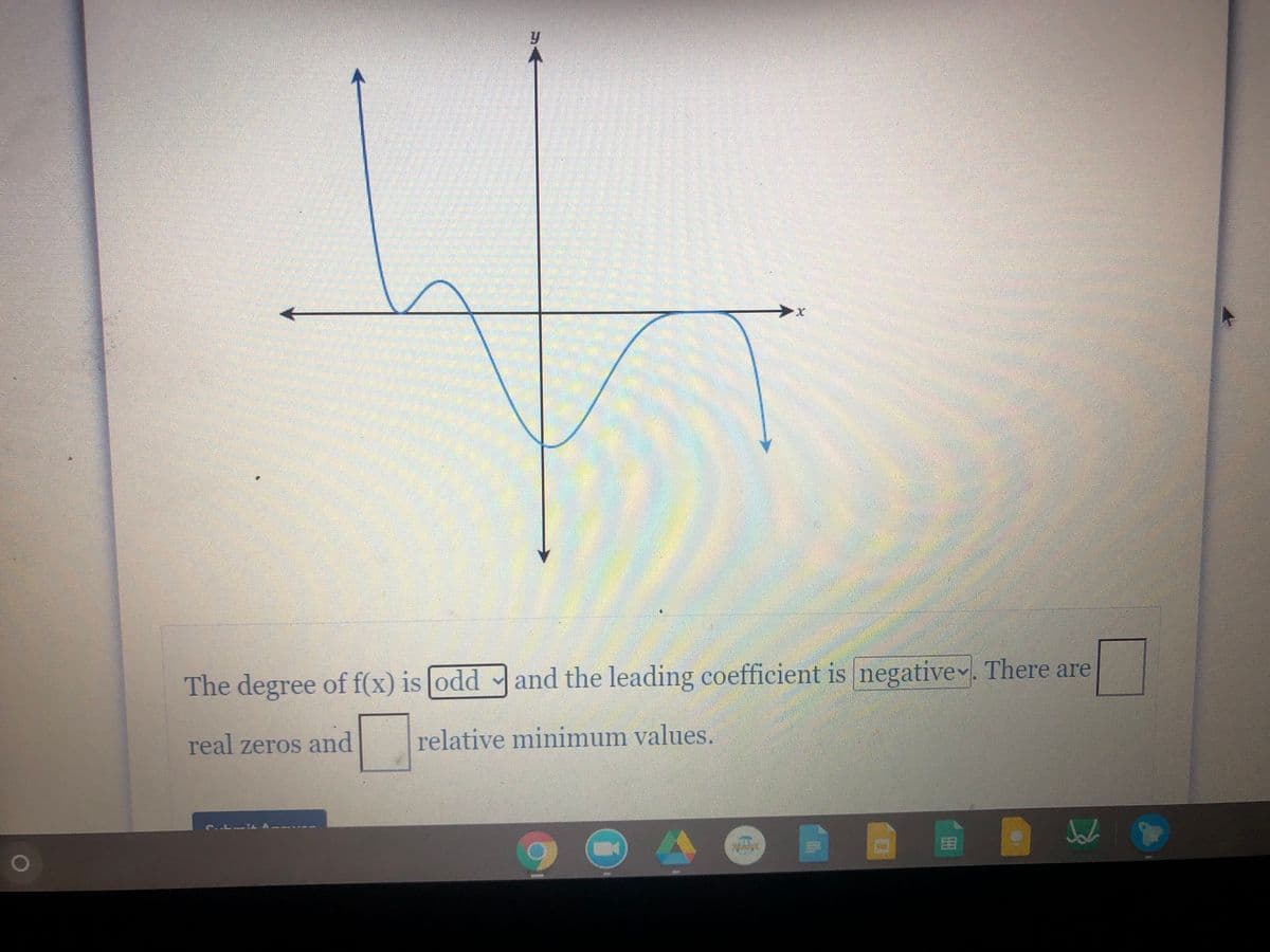 The degree of f(x) is odd and the leading coefficient is negativev. There are
real zeros and
relative minimum values.
曲
