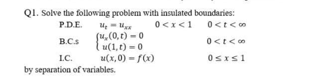 Q1. Solve the following problem with insulated boundaries:
P.D.E.
Uz = Uxx
0<x <1
0<t< 00
Ju,(0, t) = 0
l u(1, t) = 0
u(x, 0) = f(x)
B.C.s
0<t<0
I.C.
0sxs1
by separation of variables.
