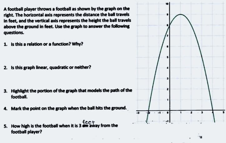 A football player throws a football as shown by the graph on the
right. The horizontal axis represents the distance the ball travels
in feet, and the vertical axis represents the height the ball travels
above the ground in feet. Use the graph to answer the following
questions.
1. Is this a relation or a function? Why?
2. Is this graph linear, quadratic or neither?
3. Highlight the portion of the graph that models the path of the
football.
4. Mark the point on the graph when the ball hits the ground.
feet
5. How high is the football when it is 3 om away from the
football player?
